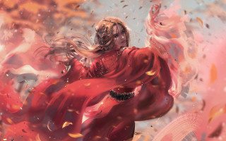 Red dress dancing rain autumn - the rain free wallpaper