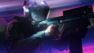 Man helmet gun purple cyberpunk - a man in a helmet holding free wallpaper