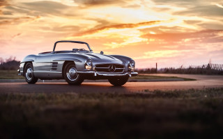 Silver car sunset clouds grass - a silver car free wallpaper