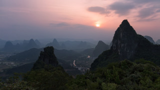 Sunset mountain river clouds forest - dai xi free wallpaper