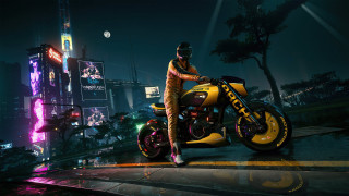 Man motorcycle city neon night - the building and the street free wallpaper