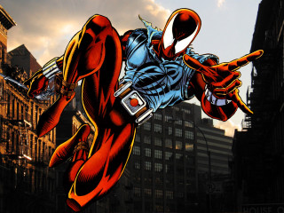 Cartoon man suit flying cell - his hand and a building in the background free wallpaper