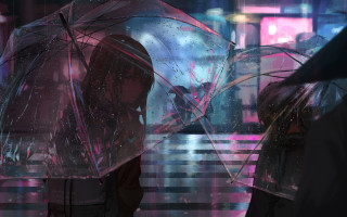 Rainy cyberpunk umbrella night neon - night time in a city free wallpaper
