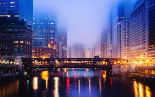 Cityscape bridge river night fog - volumetric fog free wallpaper