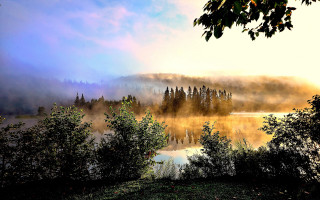 Lake fog mountains city night - impressionism free wallpaper