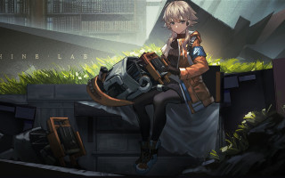 Futuristic woman sitting ledge gun - a futuristic setting free wallpaper