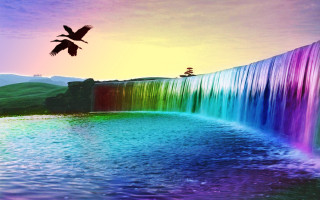 Bird flying waterfall rainbow background - a matte painting free wallpaper for desktop