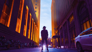 Skateboarder street night tallbuildings holography - a street next free wallpaper