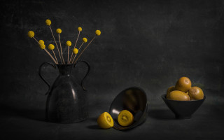 Black vase yellow flowers lemons - yellow flower free wallpaper