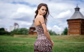 Woman dress field barn clouds - a woman in a dress free wallpaper for desktop