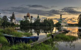 Lake boat church sunset landscape - naive art free wallpaper for desktop