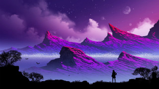 Mountain city skyline purple night - anton fadeev free wallpaper