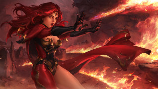 Fiery woman sword cave flames - a red costume free wallpaper