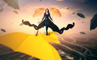 Woman umbrella fantasy sunset bird - her arm free wallpaper