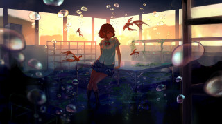 Woman bubbles birds impressionism anime - her free wallpaper