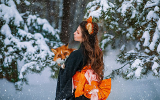 Woman orange dress fox snow - anka zhuravleva free wallpaper