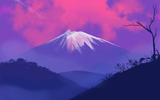 Mountain cherry blossoms moon sunset - a painting of a mountain free wallpaper