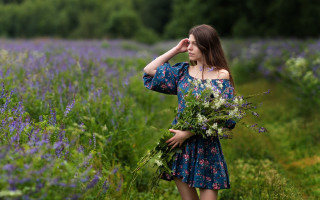 Flower field woman blue dress 2 - a bouquet of flowers free wallpaper