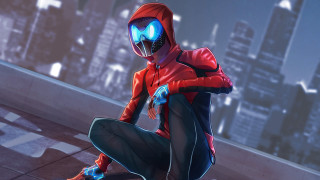 Red hoodie blue eyes cityscape - a cityscape in the background free wallpaper