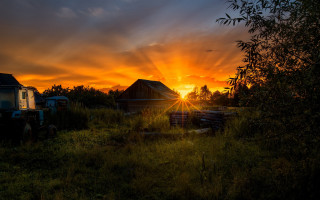 Sunset farm tractor barn bernd - naturalism free wallpaper for desktop