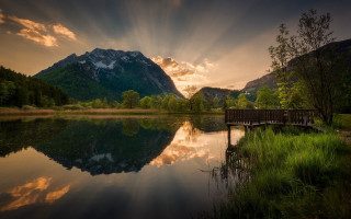 Lake mountains sunset bench nature - derold page free wallpaper