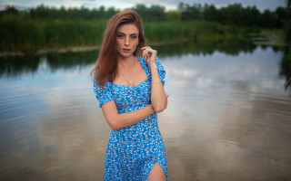 Woman blue dress lake portrait - preraphaelitism free wallpaper