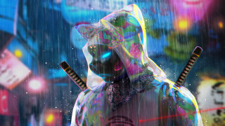 Neon rain cyberpunk swordsman planet - cyberpunk art free wallpaper