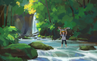 Woman surfboard river waterfall forest - a surfboard free wallpaper