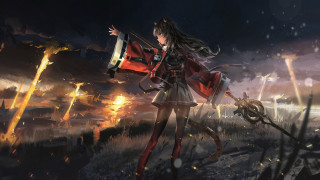 Woman red coat sword fire - anime art free wallpaper