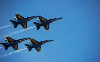 Three blue angels jets smoke - behind them free wallpaper