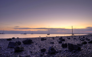 Beach rocks boats sunset clouds - rock free wallpaper