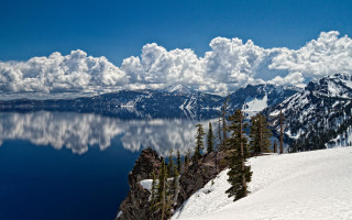Mountain lake clouds trees snowy 2 - the sky and trees free wallpaper
