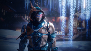 Futuristic man cityscape snow aurora - warframe armor free wallpaper