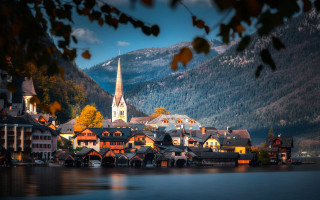 Autumn lake town church mountains - a church free wallpaper
