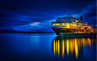 Large boat pier night mountain - color free wallpaper