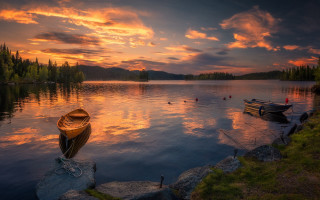 Sunset boat water ducks beautiful - beautiful landscape free wallpaper