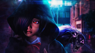 Creepy girl hoodie city street - a creepy face free wallpaper
