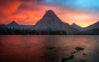 Mountain lake trees sunset mystical - the foreground and a sunset in the background free wallpaper