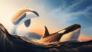 Dolphins birds ocean beach sunset - ocean free wallpaper