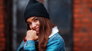 Woman denim jacket beanie smiles - barbizon school free wallpaper