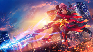 Woman redcape flying city firework - the air over a city free wallpaper
