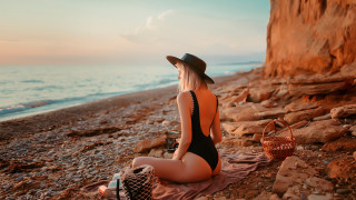 Beach woman hat tattoo sunset - beach free wallpaper