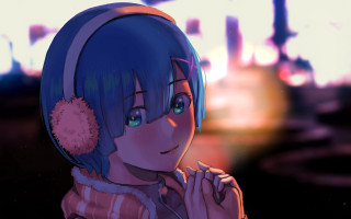 Blue hair girl city ears - soft free wallpaper