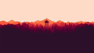 Red orange forest tower mountains - atey ghailan free wallpaper