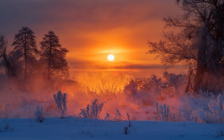 Sunset snowy field forests mountains - a foggy sky in the background free wallpaper