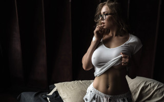 Woman white top shorts dark 2 - a white top free wallpaper