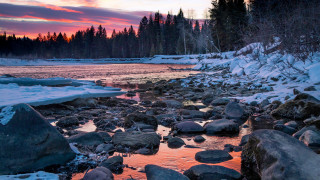 River rocks snow trees sunset - river free wallpaper