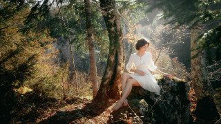 Woman white dress forest sunset - sunlight free wallpaper