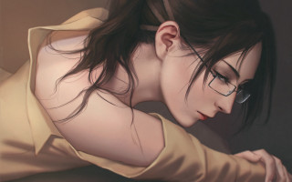 Woman glasses leaning wall bare - glass free wallpaper