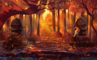 Woman forest rock waterfall autumn - a rock in a forest free wallpaper
